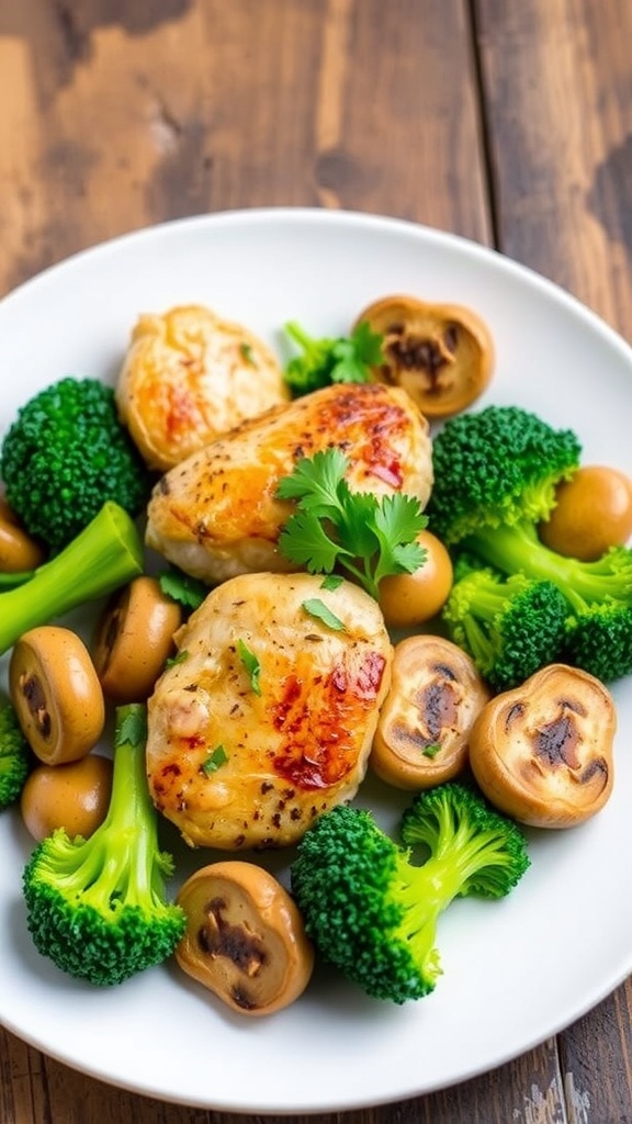 Air fryer chicken with broccoli and mushrooms on a white plate, garnished with parsley, on a wooden table.